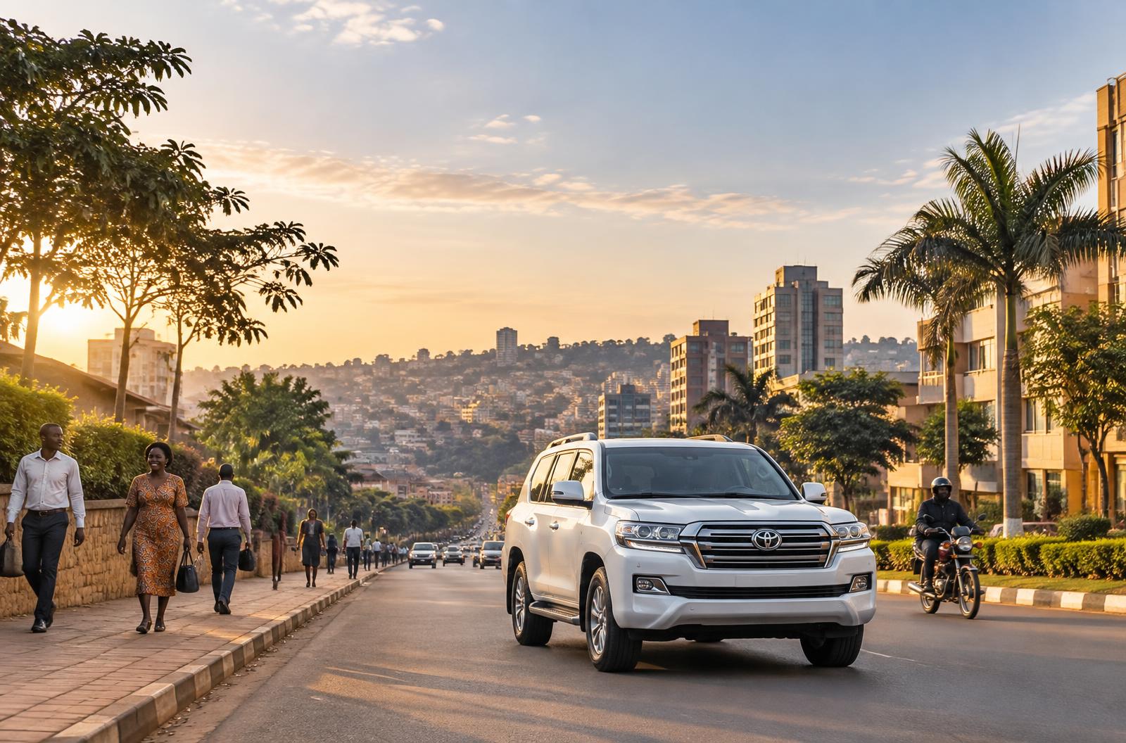 Toyota SUV and people on a Kampala road at sunrise